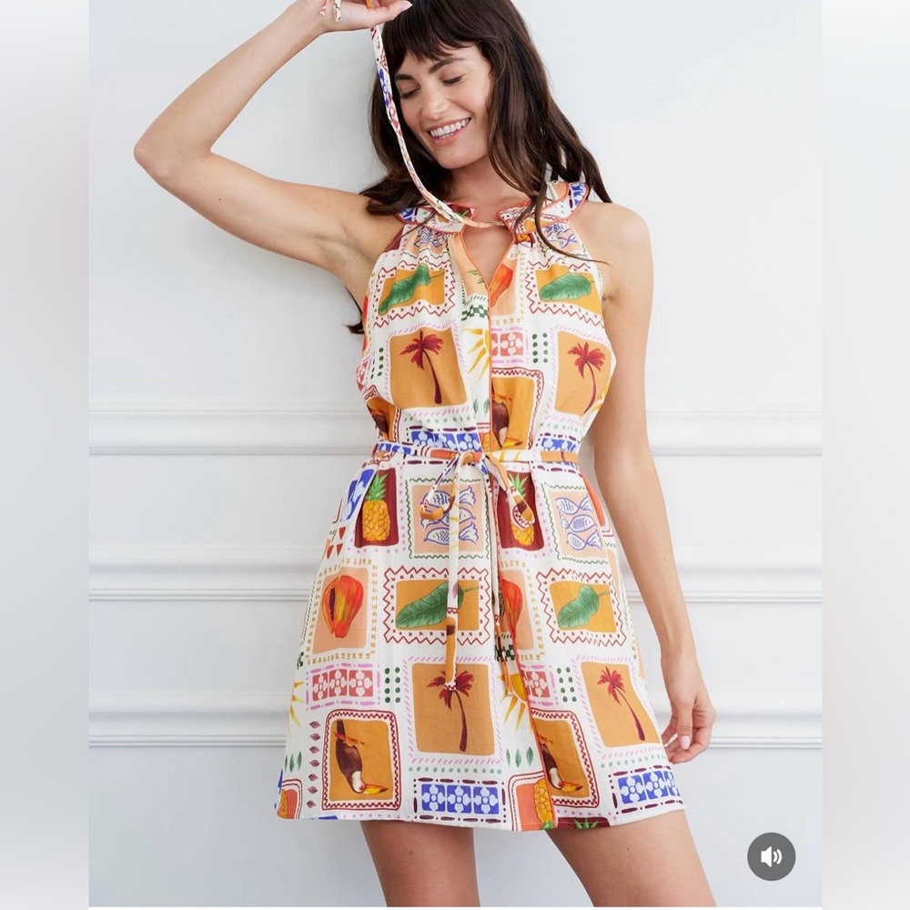 CIEBON Sleeveless Tropical Novelty Print Halter Dress lined rayon blend large